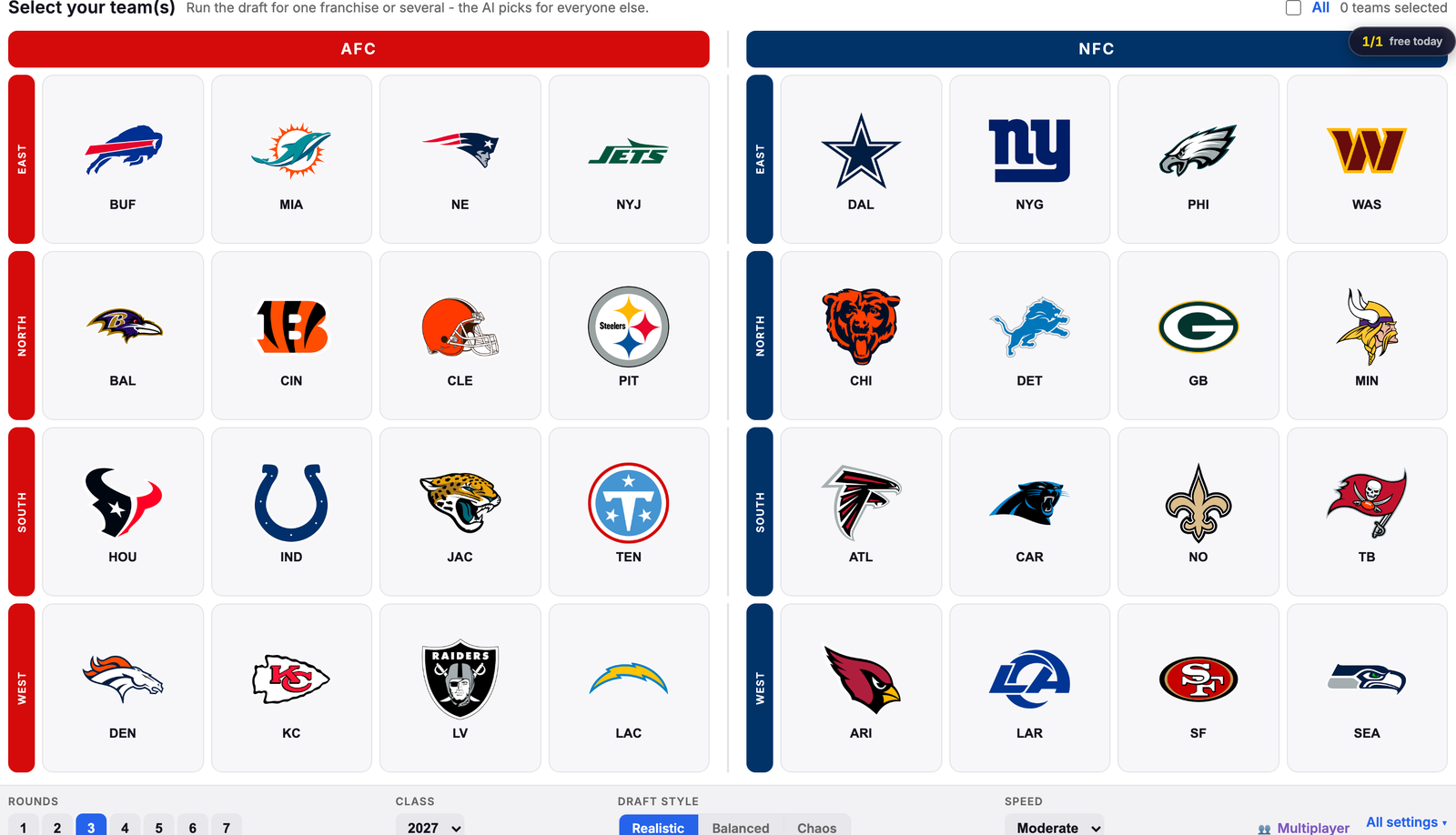 The mock draft simulator team picker: all 32 crests split by conference, with round, class, draft style and speed controls