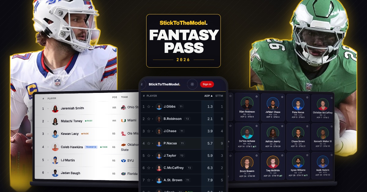 StickToTheModel Fantasy Pass 2026: player rankings with ADP and STM values across desktop and mobile